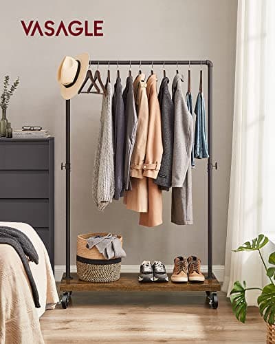 VASAGLE Industrial Pipe Rolling Clothing Rack with Shelf, Rustic Brown and Black UHSR65BX