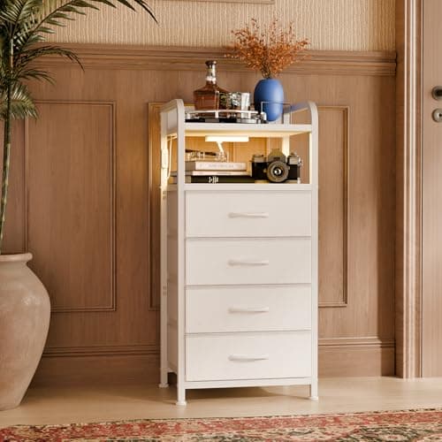Fixwal Tall Night Stand with Charging Station, LED White Nightstand and 4 Fabric Drawers