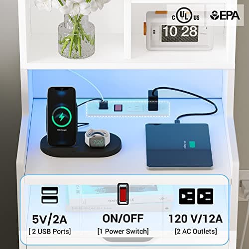 ADORNEVE Tall Night Stand with Charging Station & LED Lights, White with Bookshelf & Drawers