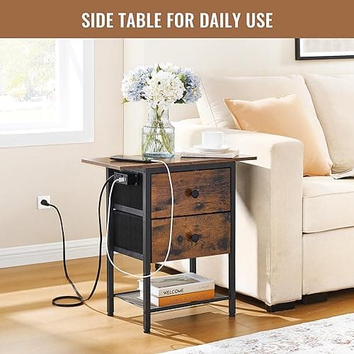 End Table with Charging Station and Drawers, Slim Side Table with USB Ports, Rustic Brown Wood Desktop Table