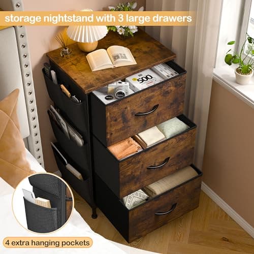 Rustic Brown Night Stand with 3 Drawers & Removable Pockets