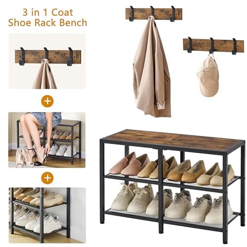 Entryway 3-in-1 Coat Shoe Rack Bench with Storage and Hooks