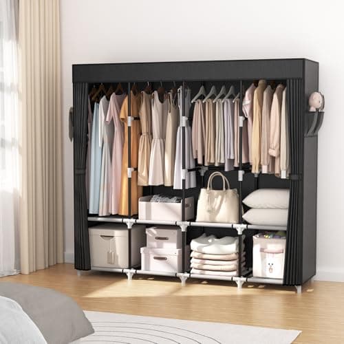 Portable Wardrobe Closet for Hanging Clothes: 67 Inch Wide, Large Capacity with Cover, 4 Shelves, 4 Rods - Sturdy Free Standing Closet for Bedroom (Black)