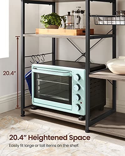 VASAGLE ALINRU Kitchen Baker's Rack, Coffee Bar Stand, 6 Hooks, Steel Wire Basket, Mini Oven Spices Utensils, Industrial
