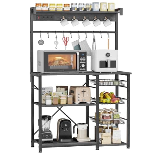 Gray Oak Large Bakers Rack with Power Outlets, 38.8 Inches, 15 Hooks, 3 Wire Baskets