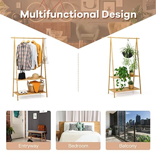 Bamboo Clothing Rack with Anti-tipping Devices and Storage Shelves