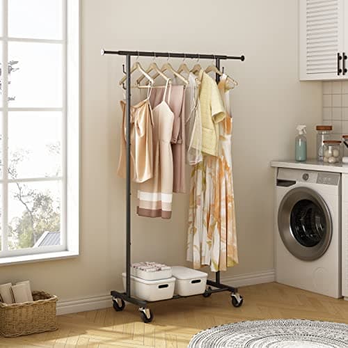 Gewudraw Black Garment Rack with Wheels, Extendable Clothing Rack with Shelves and Hooks