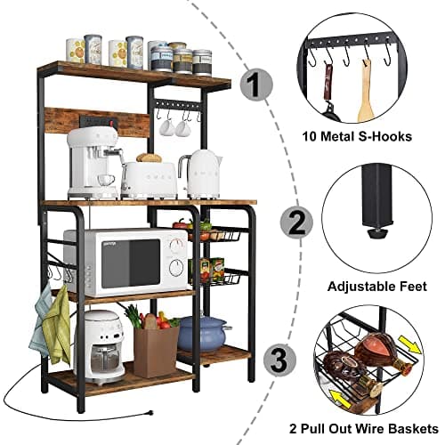 Kitchen Bakers Rack with Power Outlet and Storage