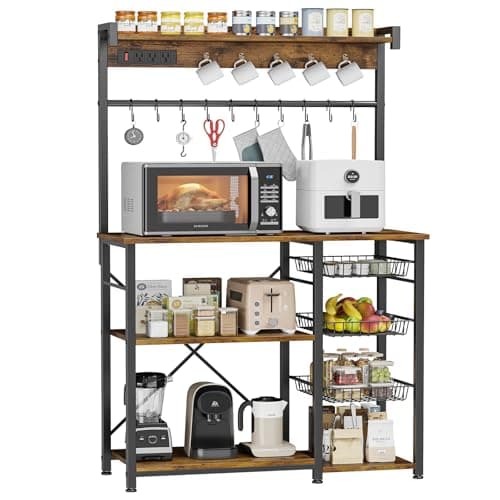 Gray Oak Large Bakers Rack with Power Outlets, 38.8 Inches, 15 Hooks, 3 Wire Baskets