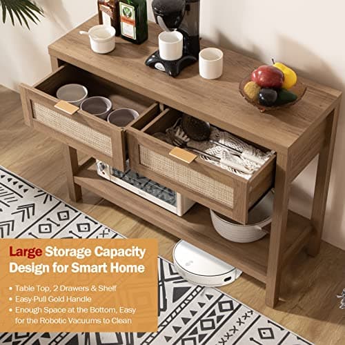 Boho Console Table Set with Rattan Drawers for Living Room