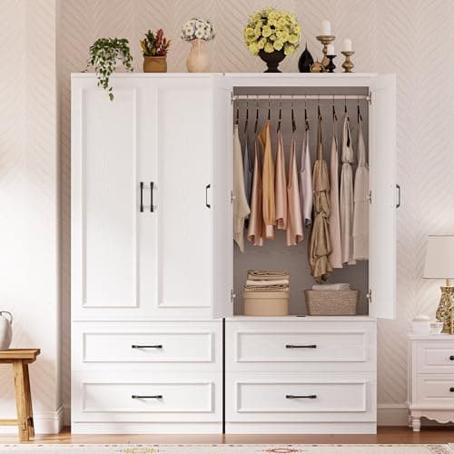 LIKIMIO 70 Wooden Wardrobe Closet with 2 Doors and 2 Drawers - Freestanding White Design for Bedroom Storage