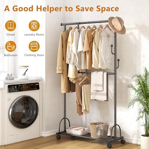 Double Rod Clothes Rack with Wheels - Rolling Garment Rack with Shelf, Sturdy Closet Organizer, Easy Assembly