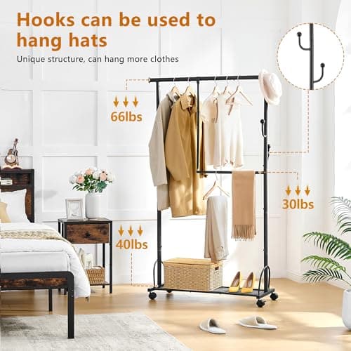 Double Rod Clothes Rack with Wheels - Rolling Garment Rack with Shelf, Sturdy Closet Organizer, Easy Assembly