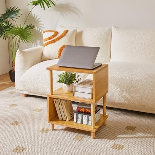 Wooden Night Stand with Open Shelf - 3-Tier, S-Shaped Bedside Table, 20” Natural Wood YD-TM152N