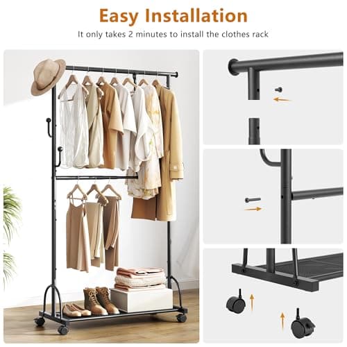 Double Rod Clothes Rack with Wheels - Rolling Garment Rack with Shelf, Sturdy Closet Organizer, Easy Assembly