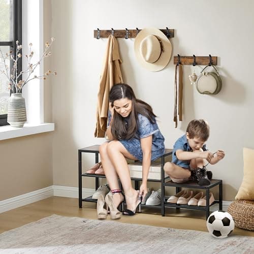 Entryway Hall Tree Bench with Shoe Storage and Coat Hooks - Parent-Child 3-in-1 Design for Mudroom or Bedroom