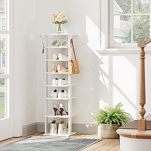 Vertical Shoe Rack Organizer for 8 Pairs, White Wood Storage Tower