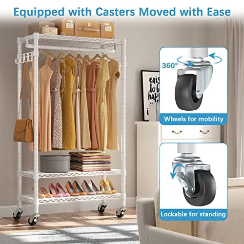 Heavy Duty Rolling Clothing Rack with Wheels and Hooks
