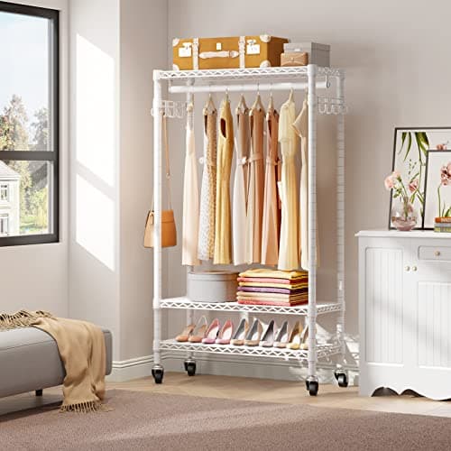 Heavy Duty Rolling Clothing Rack with Wheels and Hooks
