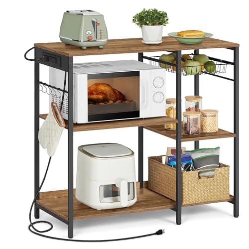 VASAGLE ALINRU Kitchen Baker's Rack, Coffee Bar Stand, 6 Hooks, Steel Wire Basket, Mini Oven Spices Utensils, Industrial
