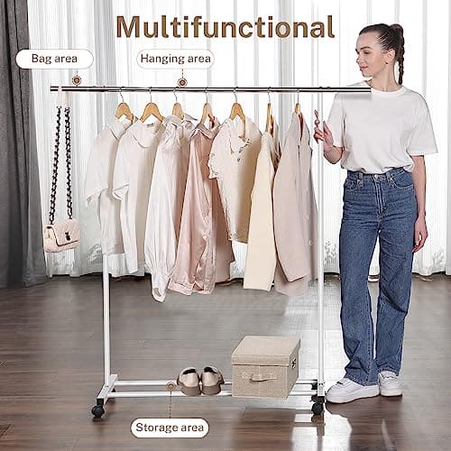 Heavy Duty Clothes Rack with Wheels, 130LB Capacity, 52.17 Inch Rolling for Hanging Clothes, Coats, Shirts, Sweaters, Skirts - White
