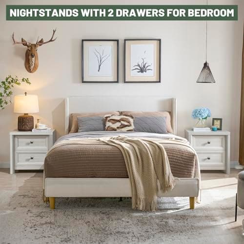 Farmhouse White Night Stands Set of 2, 2 Drawer Storage, Large Rustic Wood Bedside Tables