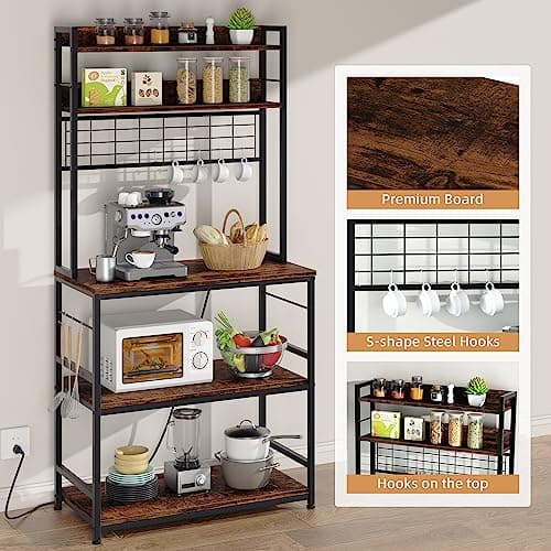 ShintenchiMetal Bakers Rack, 10 Hooks, Power Outlet, Large Storage