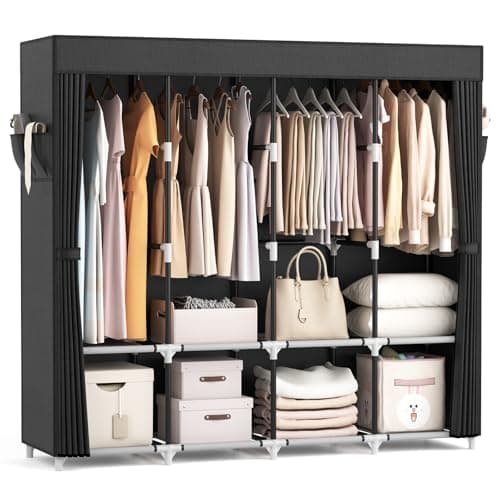 Portable Wardrobe Closet for Hanging Clothes: 67 Inch Wide, Large Capacity with Cover, 4 Shelves, 4 Rods - Sturdy Free Standing Closet for Bedroom (Black)