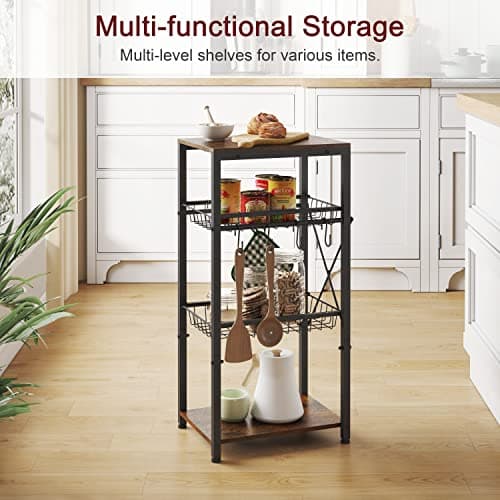 Kitchen Bakers Rack with Storage Shelf, Wire Basket & Hooks - Rustic Brown