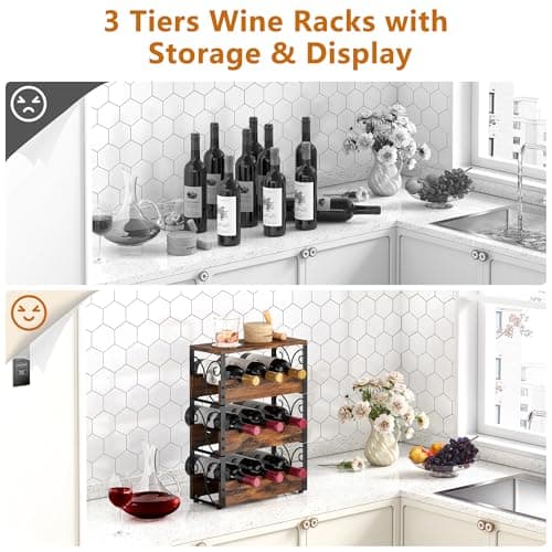 Stackable 3-Tier Wine Rack for Countertop - Freestanding Floor Holder for 9 Bottles with Liquor Shelf