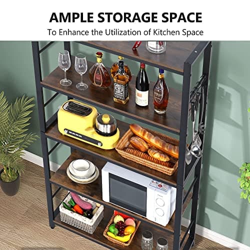5-Tier Bakers Rack with Shelves and Hooks for Kitchen, Bathroom, Living Room