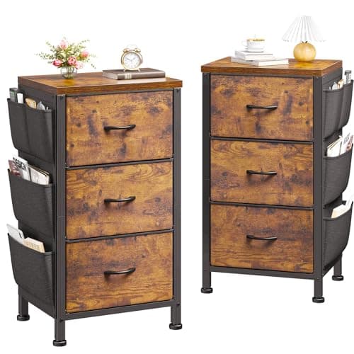 Rustic Brown Night Stand with 3 Drawers & Removable Pockets