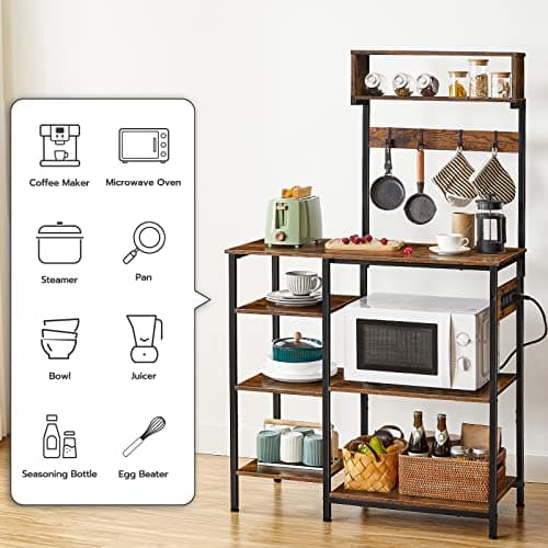 HOOBRO 35.4 Inch Bakers Rack with Power Outlet & 6 Tiers Storage, Rustic Brown & Black