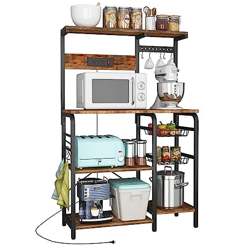 Kitchen Bakers Rack with Power Outlet and Storage