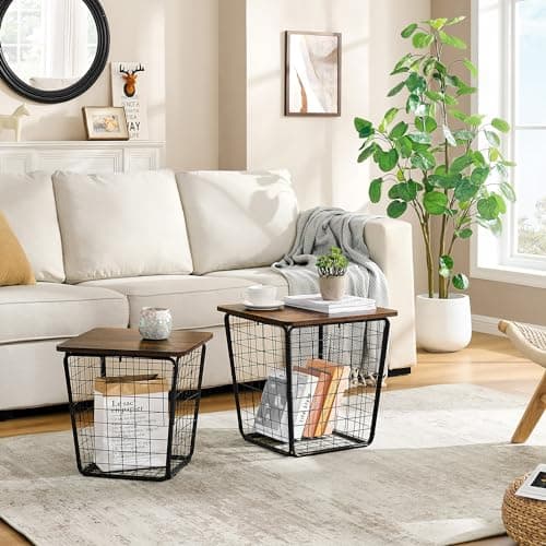 Nesting Coffee Table with Storage - Set of 2 Side Tables with Wire Basket