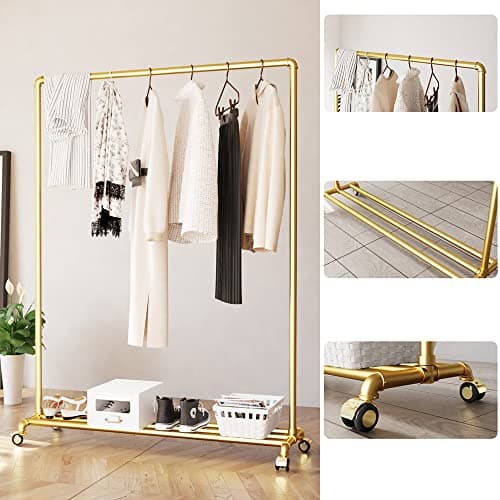 DR.IRON Gold Pipe Clothing Rack with Bottom Shelf & Wheels Modern Closet Organizer