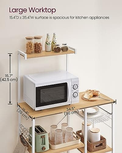 Kitchen Storage Rack with Wire Basket, 6 Hooks, and Shelves