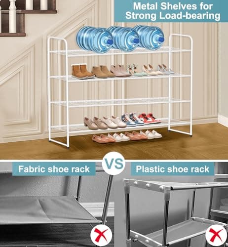 4 Tier Wide Stackable Shoe Rack for Closet with Wire Grid Shelf, White