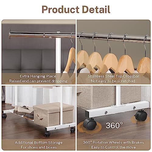 Heavy Duty Clothes Rack with Wheels, 130LB Capacity, 52.17 Inch Rolling for Hanging Clothes, Coats, Shirts, Sweaters, Skirts - White
