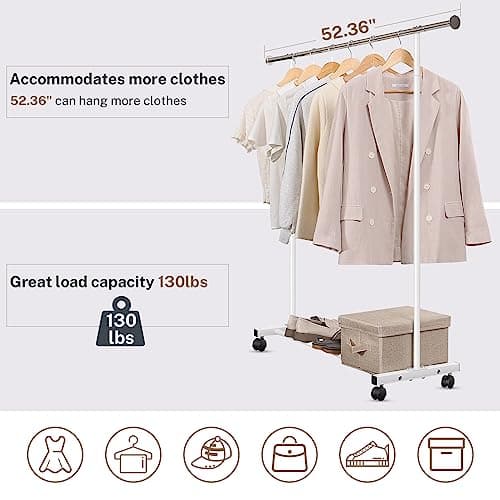 Heavy Duty Clothes Rack with Wheels, 130LB Capacity, 52.17 Inch Rolling for Hanging Clothes, Coats, Shirts, Sweaters, Skirts - White