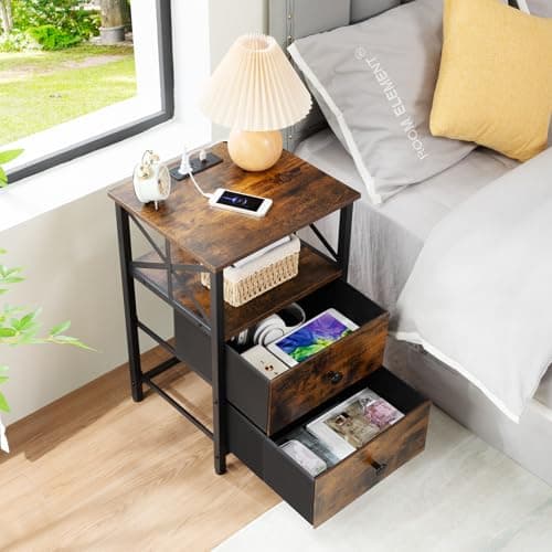 AMHANCIBLE Rustic Brown Night Stand Set with Charging Station HET05XBR