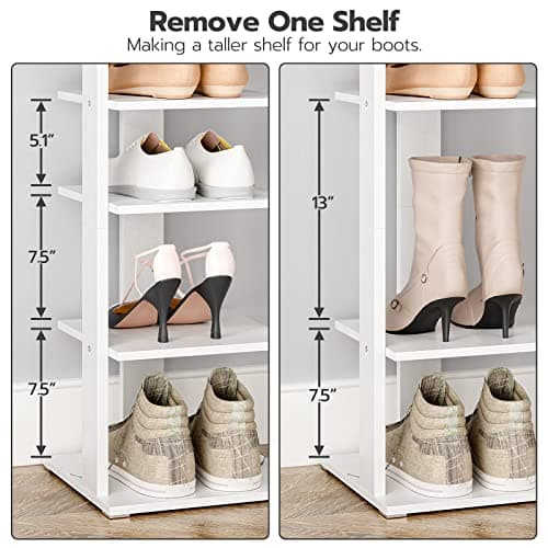 Vertical Shoe Rack Organizer for 8 Pairs, White Wood Storage Tower