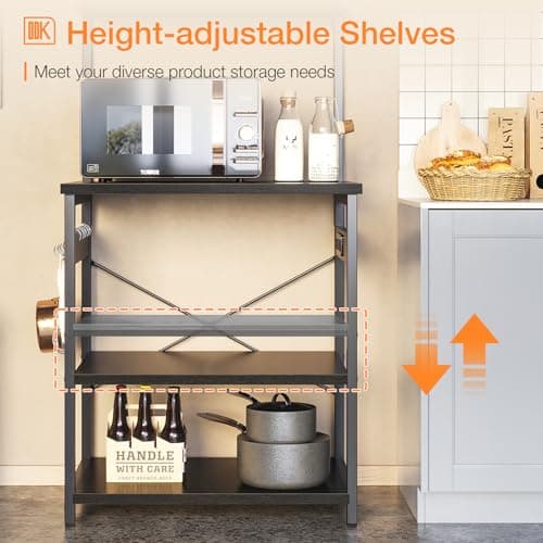 ODK 5-Tier Bakers Rack with Power Outlet, Black Kitchen Shelf