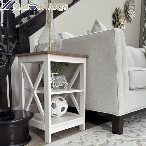 MAISON ARTS Set of 2 Farmhouse Ivory White End Tables for Living Room and Bedroom