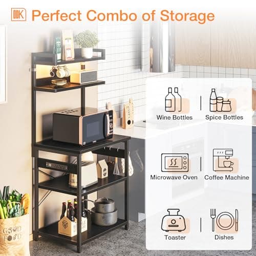 ODK 5-Tier Bakers Rack with Power Outlet, Black Kitchen Shelf