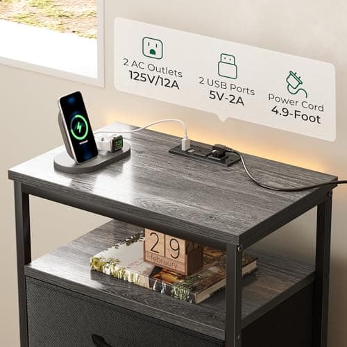 Huuger 33.9 Inch Tall Night Stand with Charging Station & 4 Drawers, Gray