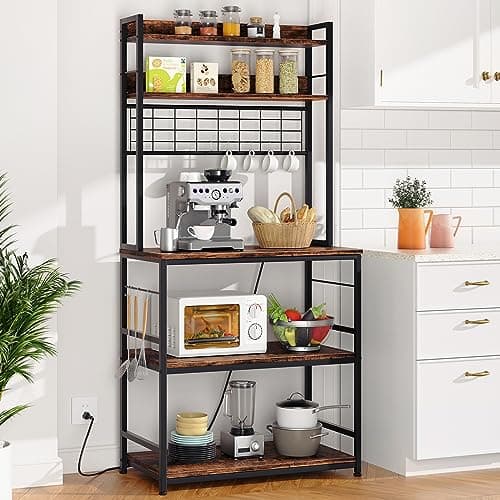 ShintenchiMetal Bakers Rack, 10 Hooks, Power Outlet, Large Storage
