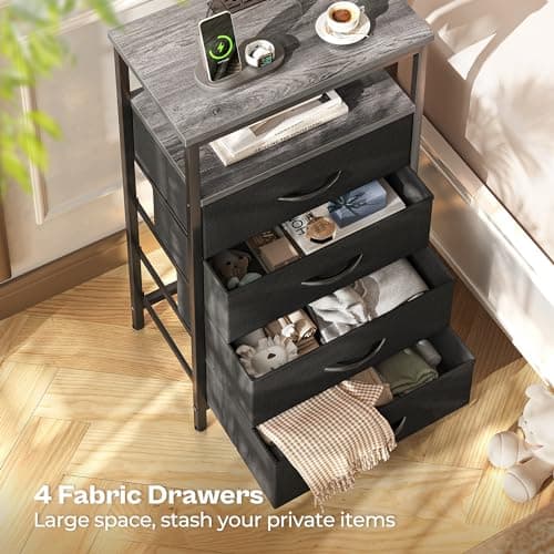 Huuger 33.9 Inch Tall Night Stand with Charging Station & 4 Drawers, Gray