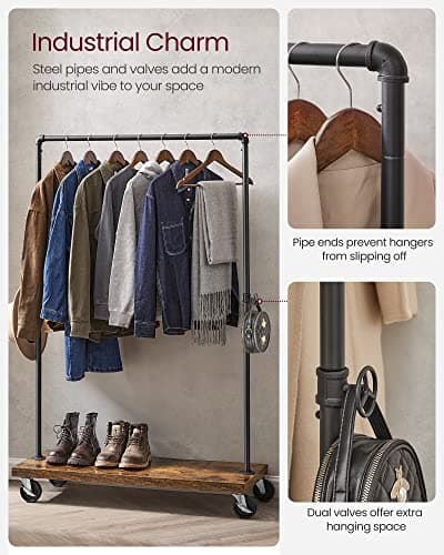 VASAGLE Industrial Pipe Rolling Clothing Rack with Shelf, Rustic Brown and Black UHSR65BX