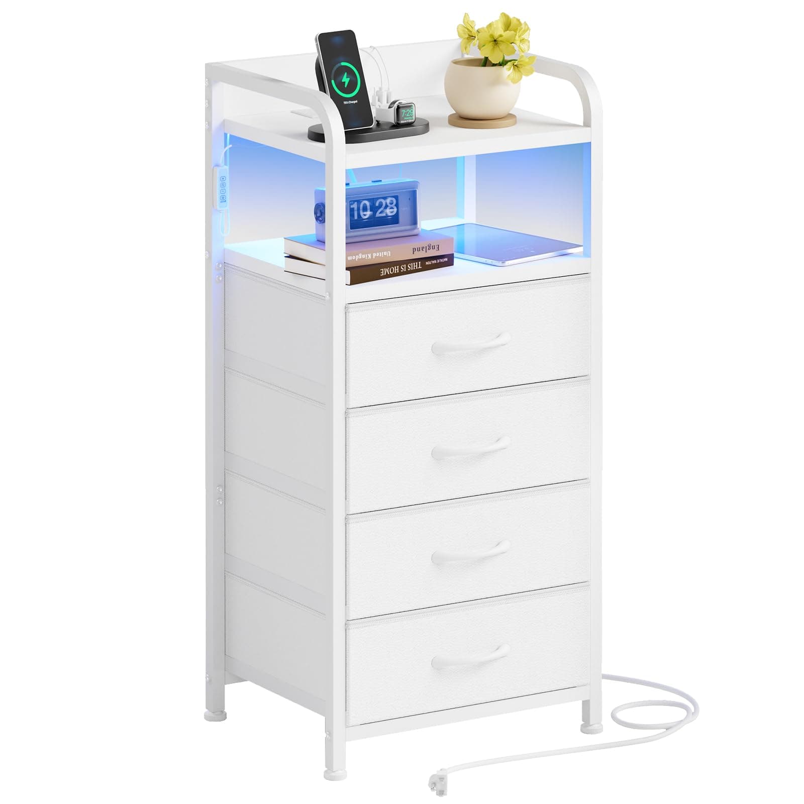 Fixwal Tall Night Stand with Charging Station, LED White Nightstand and 4 Fabric Drawers